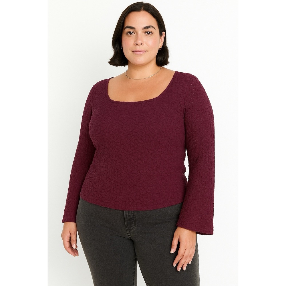 Old Navy Women Lace Stretchy Mesh‎ Top Floral Bell Sleeve Burgundy Size 2X Y2K